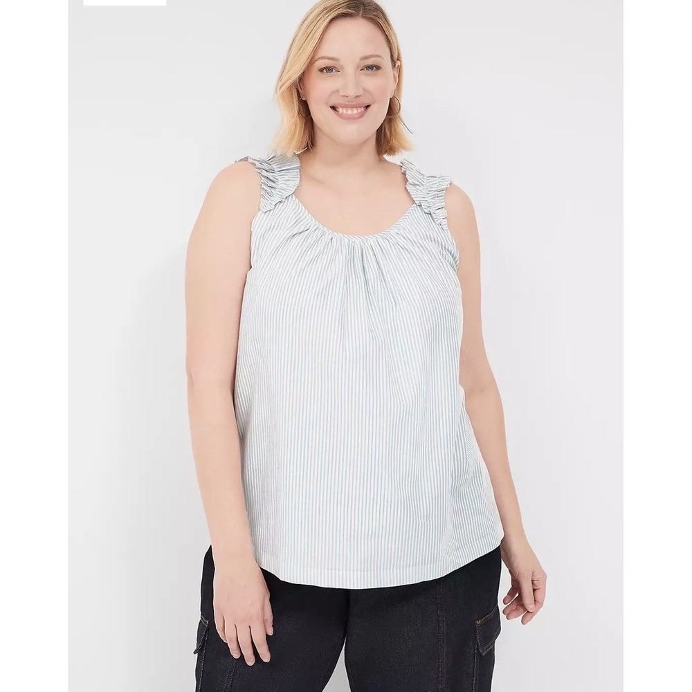 Lane Bryant Plus Size 22 Blue White Striped Ruffle Strap Metallic Tank Top